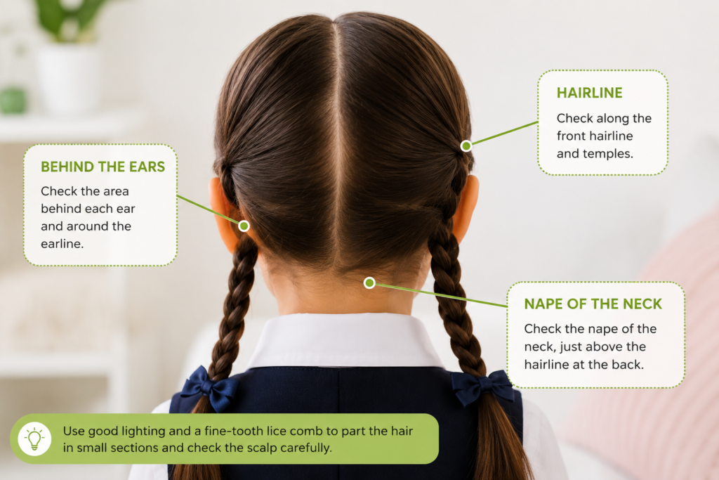 The most common places to check for head lice on a child's scalp.