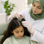 Professional lice removal specialist performing safe head lice treatment in Abu Dhabi