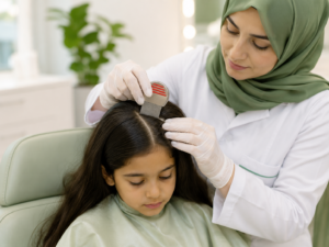 Professional lice removal specialist performing safe head lice treatment in Abu Dhabi