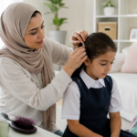 Parent checking a child's hair for head lice before the first day of school