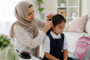 Parent checking a child's hair for head lice before the first day of school