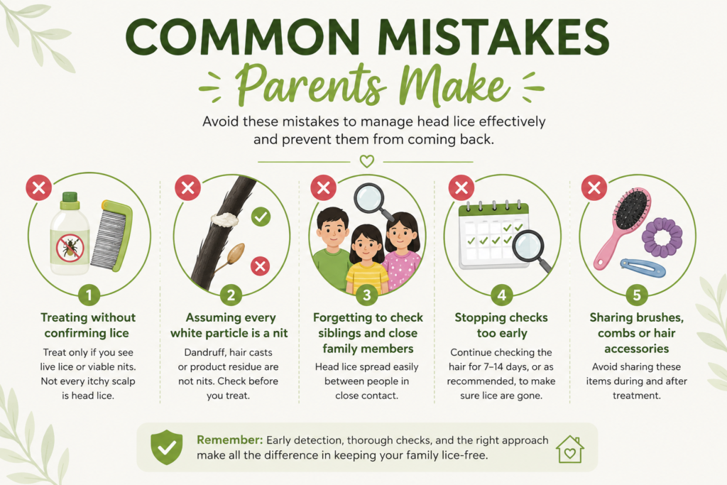 Infographic showing common mistakes parents make when managing head lice.