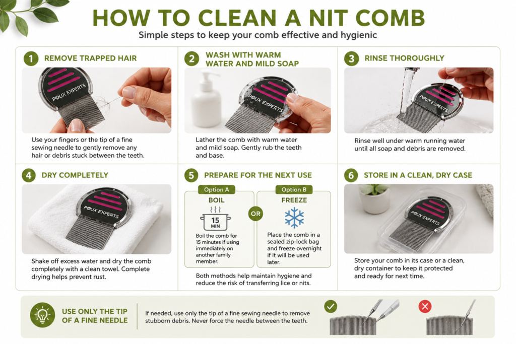 Step-by-step infographic showing how to clean and store a metal nit comb.